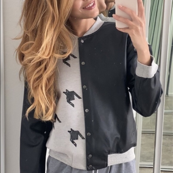 Black/Grey Colorblock Vegan Varsity Faux Leather Jacket Sequins Details - Picture 7 of 8